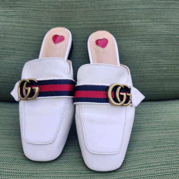 Gucci GG Marmont Web Canvas White Leather Mules Loafers Flats EU 35 US Sz 5 wome - Picture 1 of 11